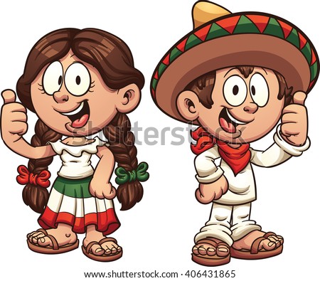 Cartoon kids in traditional Mexican clothing. Vector clip art illustration with simple gradients. Some elements on separate layers.