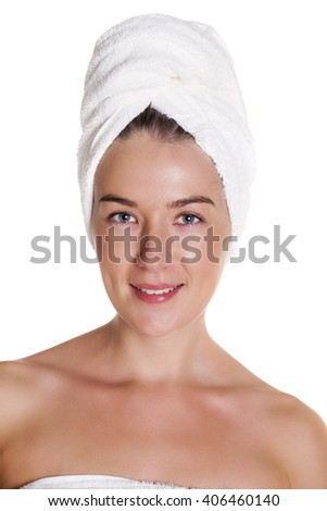Beautiful Happy Spa Girl Isolated on a White Background. Happy Woman after Bath with Clean Perfect Skin