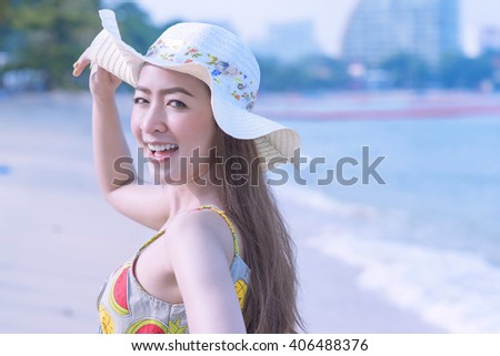 Relaxation Beach Asia beautiful Woman Vacation Outdoors Seascape Concept