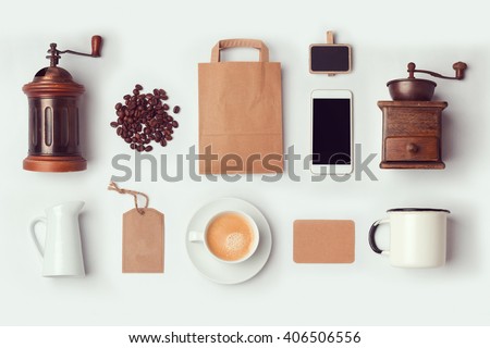Coffee shop mock up template for branding identity design. View from above. Flat lay Royalty-Free Stock Photo #406506556