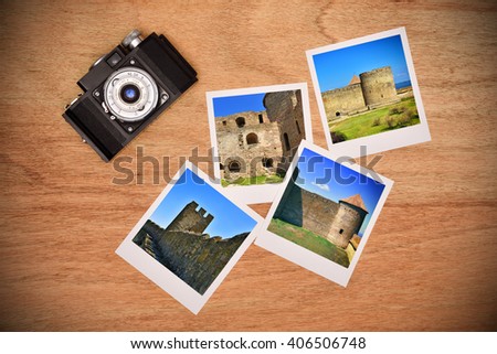 Vintage camera and four photos with medieval castle