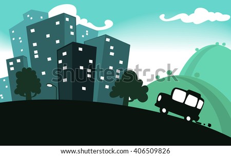 vector traveler car silhouette from country hill to big city illustration background