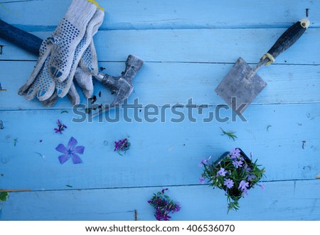 close up of trowel, nameplates and garden gloves
