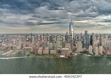 Beautiful sunset view of New York City. Aerial cityscape.