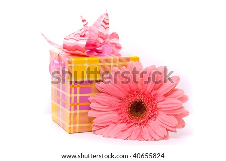 Pink gerber flower and gift box on white background
