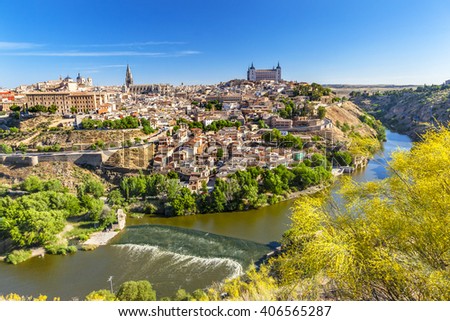 is Alcazar Fortress Medieval City Tagus River Toledo Spain.  Toledo Alcazar built in the 1500s, Unesco historical site; Tagus is longest river in Spain.