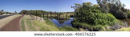 Scenic panorama of the cycleway  at the Big Swamp wetlands  in Bunbury Western Australia on a fine summer day.