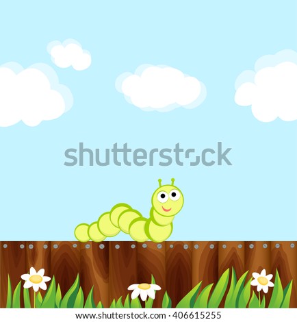 green caterpillar on a wooden fence. Cartoon Vector illustration eps 10