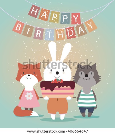 Cute Happy Birthday card with funny animals. Hare, wolf, fox and cake. Vector illustration eps10.