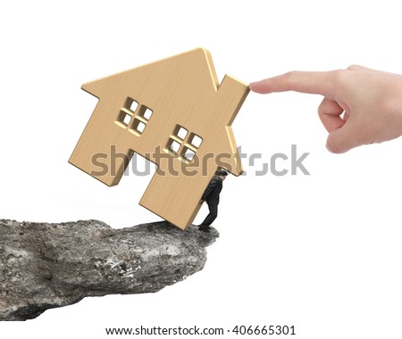 Man holding wooden house on cliff edge with another big hand pushing, isolated on white background.