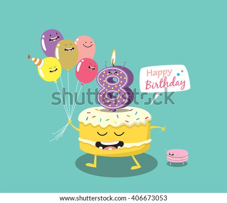 Happy birthday card. Funny cake, number candle and balloon friends. Vector illustration