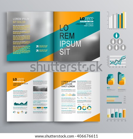 Business brochure template design with blue and orange diagonal stripes. Cover layout and infographics