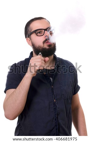 beautiful bearded man with electronic cigarette isolated on white background