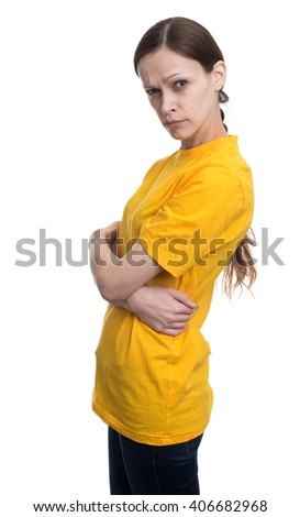 young woman in blank yellow t-shirt. Isolated on white background