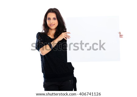 Young woman holding blank board isolated on white background and looking at the camera