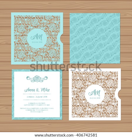 Wedding invitation or greeting card with flower ornament. Cut laser square envelope template. Wedding invitation envelope for laser cutting. Vector illustration.