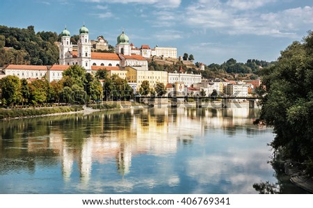 Passau city with Saint Stephen's cathedral, Lower Bavaria, Germany. Travel destination. Cultural heritage. Royalty-Free Stock Photo #406769341