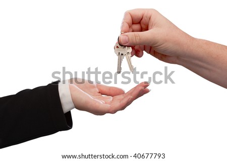 Man Handing Over Woman Set of Keys Isolated on a White Background.