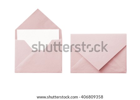 Pink envelope with blank white card isolated on white background
