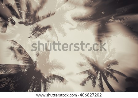 Silhouette palm tree with double exposure effect in vintage filter (background) Royalty-Free Stock Photo #406827202