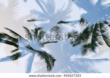 Silhouette palm tree with double exposure effect in vintage filter (background) Royalty-Free Stock Photo #406827283