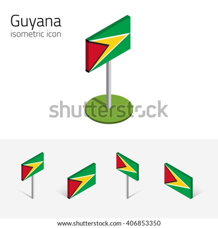 Guyanese flag (Co-operative Republic of Guyana), vector set of isometric flat icons, 3D style, different views. Editable design elements for banner, website, presentation, infographic, map. Eps 10
