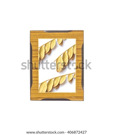 Wooden frame with dried leaves isolated on white background