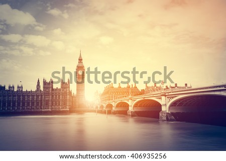 Big Ben, Westminster Bridge on River Thames in London, the UK. English symbol. Vintage, retro style