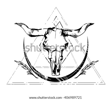 cow skull, boho style, sketch, beautiful vector illustration