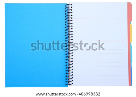 Open blue cover notebook isolated on white background