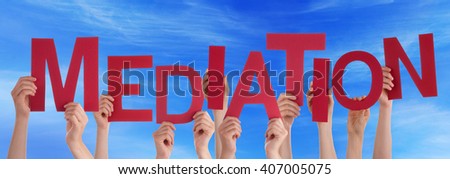 Many People Hands Holding Red Word Mediation Blue Sky