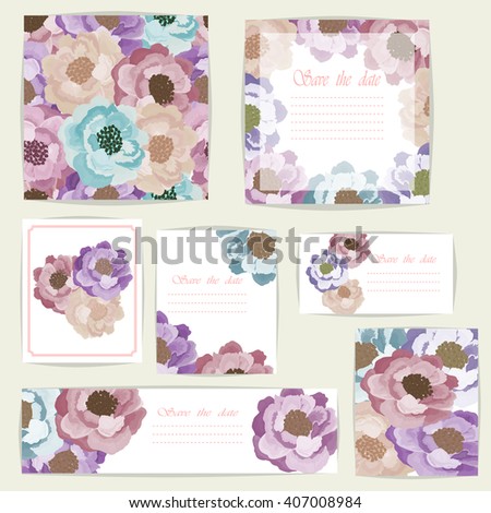 Set beautiful cards and seamless pattern with Rose flowers, design elements. Can be used for birthday, Valentines Day, Mothers Day , wedding cards, invitations, greetings. Vector illustration. EPS 10