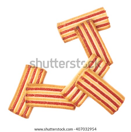 Pile of square cookies with jam stripes isolated over the white background