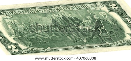 close up of the reverse side of the banknote in a two dollars isolated on white with Clipping Path.