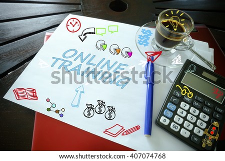 drawing icon cartoon with ONLINE TRAINGING   concept on paper in the office , business concept , business idea , analysis concept