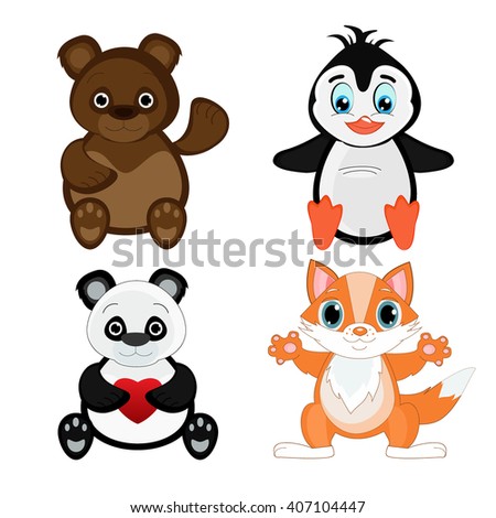 Vector illustration of cute animal set including penguin, bullfinch, monkey, giraffe, fox, bear, panda. Cartoon animal character and cartoon cute animal set. Zoo wild animal collection.