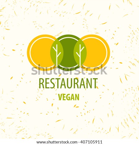 Template logo. Restaurant logo. Vegan restaurant.  Image of three circles that resemble plates, at their intersection trees and leaves. Shades of yellow and green.