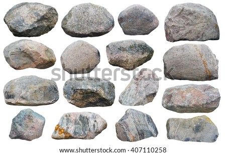 Sixteen big granite stones boulders of various forms and sizes set. Isolated on white collage from several outdoor photos Royalty-Free Stock Photo #407110258