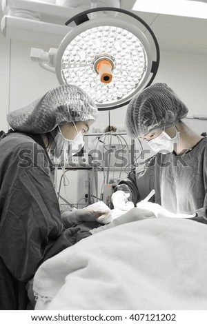 two veterinarian surgeons in operating room take with selective color technique and art lighting