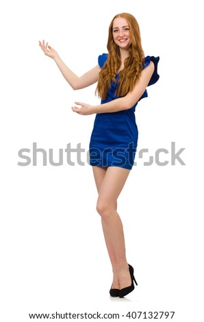 Tall model in blue dress isolated on white