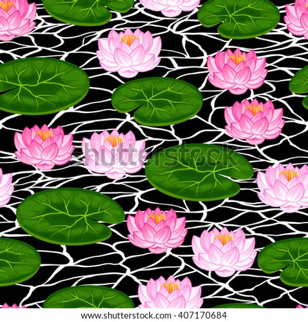 Natural seamless pattern with lotus flowers and leaves. Background made without clipping mask. Easy to use for backdrop, textile, wrapping paper.