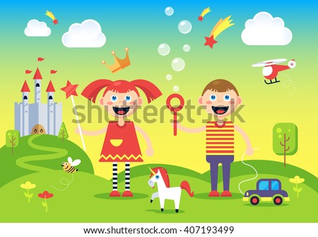 The picture of happy, carefree boy and girl standing at the magic hills near the fantastic castle. Fully editable vector illustration. Perfect for children books, entities and organizations.