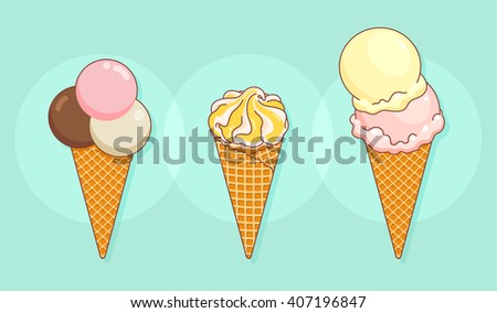 Set of tasty ice cream at a turquoise background. Ice cream vector illustration. Ice cream icon. Ice cream isolated on background. Ice cream in flat style. Vector Illustration