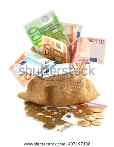 Burlap sack filled with euro banknotes and coins, isolated on white