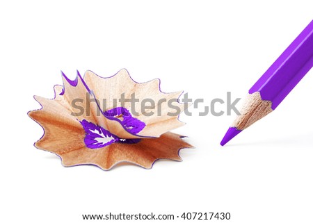 Sharpened violet pencil and wood shavings on white background, education concept