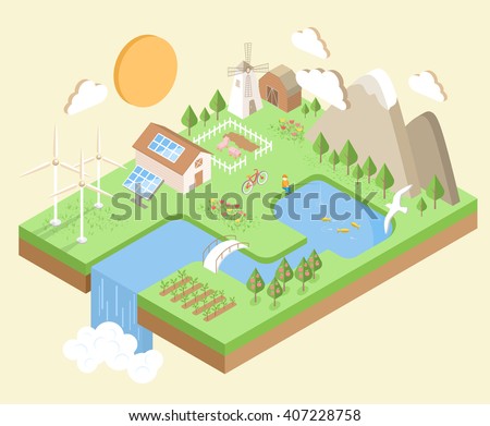 Isometric Village Country City Eco Green Environment Concept Isolated on Beige Background