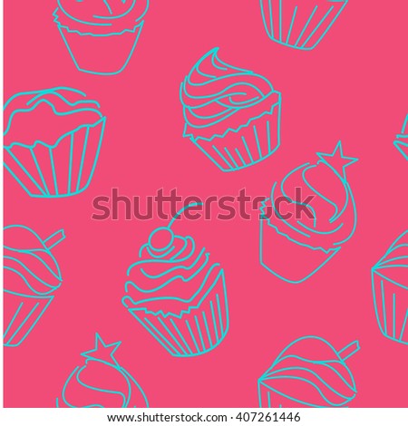 Doodle cupcake line illustration for menu, cards, patterns, wallpaper. Seamless pattern