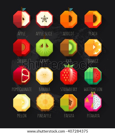 Summer print of stylized fruit collection. Flat Material design fruit icon set with feeling of spatial. Hexagon fruit cut in half. Papaya, pitahaya and pineapple. Peach and apricot. Chalkboard effect.
