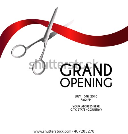 Grand opening poster mock-up with silver scissors cutting red ribbon isolated on white background, design announcement template. Editable and movable objects. EPS 10.