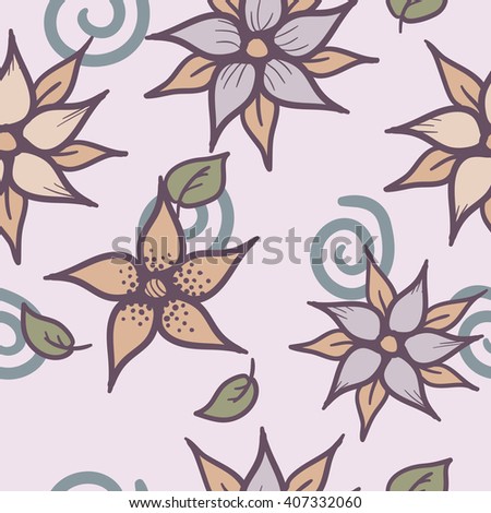 Vector hand drawn floral seamless pattern - fantasy abstract plant with violet flowers in calm pink and violet colors